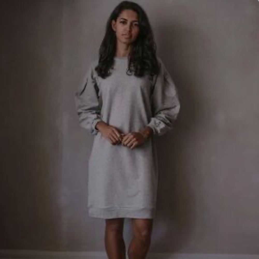 Grey Sweatshirt Dress with Balloon Sleeves - Women